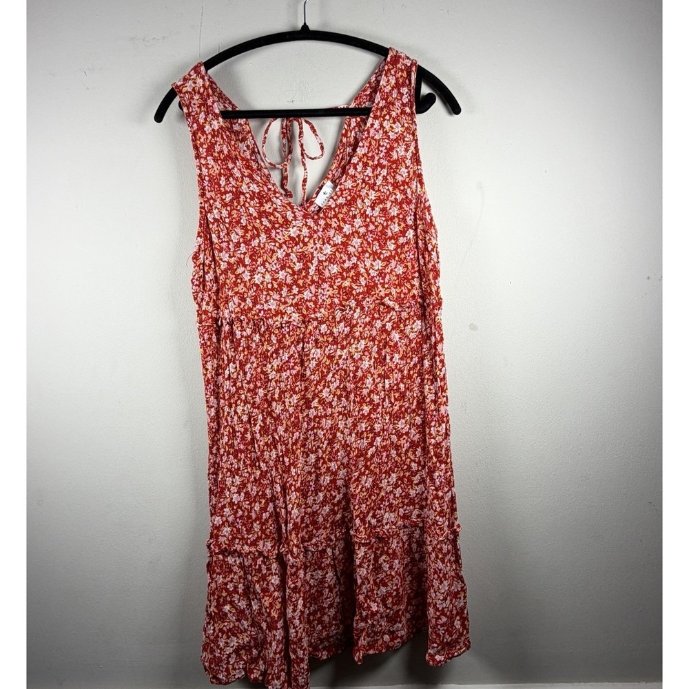 True Craft Women Dress 1X Red Floral Tank Tie V Neck Stretch Rayon‎ Cottagecore
